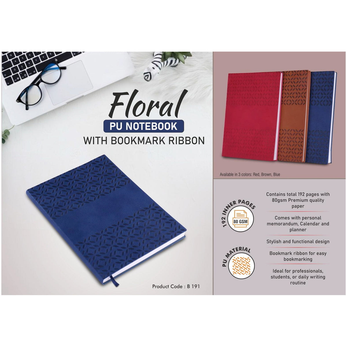 Power Plus - Floral PU Notebook with Bookmark Ribbon - B 191