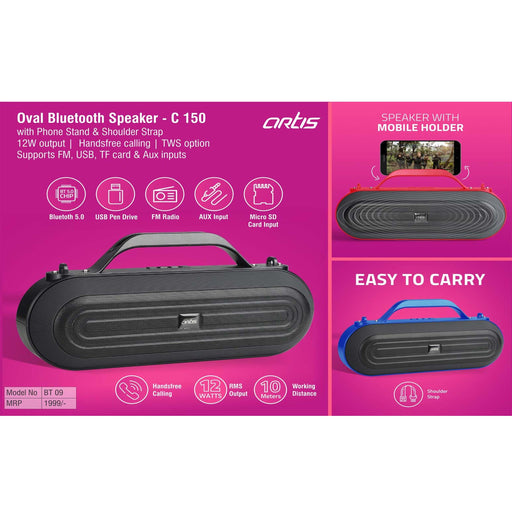 Artis Oval Bluetooth speaker with phone stand & shoulder strap | 12W output | Handsfree calling | TWS option | Supports FM, USB, TF card & Aux- C 150