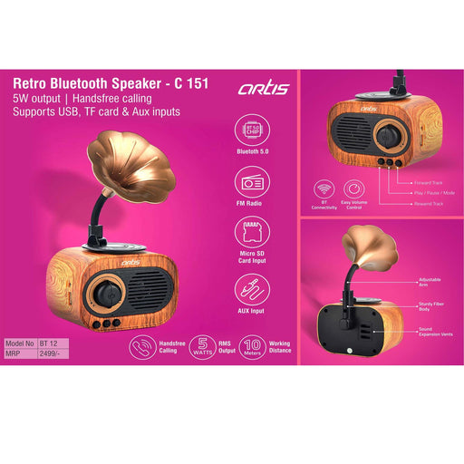 Artis Retro Bluetooth speaker | 5W output | Handsfree calling | Supports USB, TF card & Aux inputs (BT12)- C 151