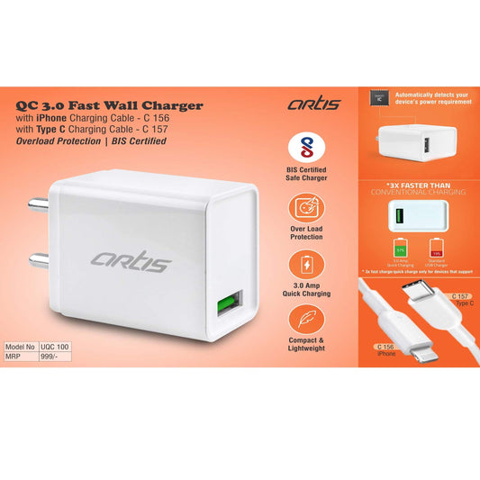 Artis QC 3.0 Fast wall charger with iPhone charging cable | Overload protection | BIS Certified -  C 156