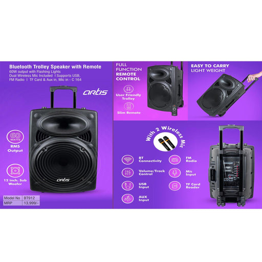 Artis Bluetooth Trolley Speaker with Remote | 60W output | Dual Wireless Mics included | Supports USB, FM Radio, TF card, Aux in, Mic In (BT912) -  C 164