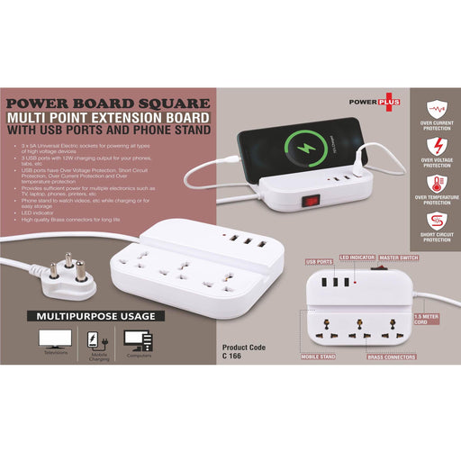 Power Board Square: Multi point extension board with USB ports and phone stand -  C 166