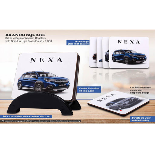 Brando Square: Set of 4 Square Wooden coasters with Stand in High Gloss Finish | MOQ 100 pcs    -  E 308