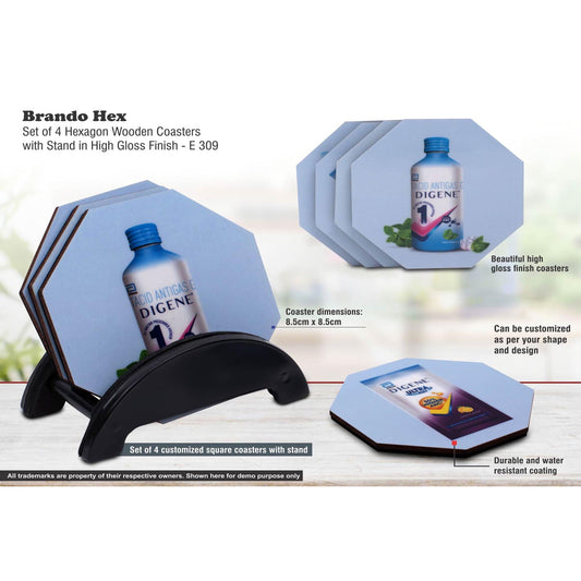 Brando Hex: Set of 4 Hexagon Wooden coasters with Stand in High Gloss Finish | MOQ 100 pcs  -  E 309