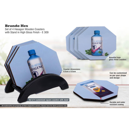 Brando Hex: Set of 4 Hexagon Wooden coasters with Stand in High Gloss Finish | MOQ 100 pcs  -  E 309