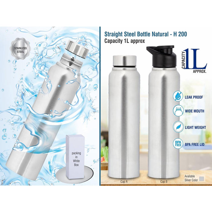 Straight steel bottle Natural | Capacity 1L approx  -  H 200