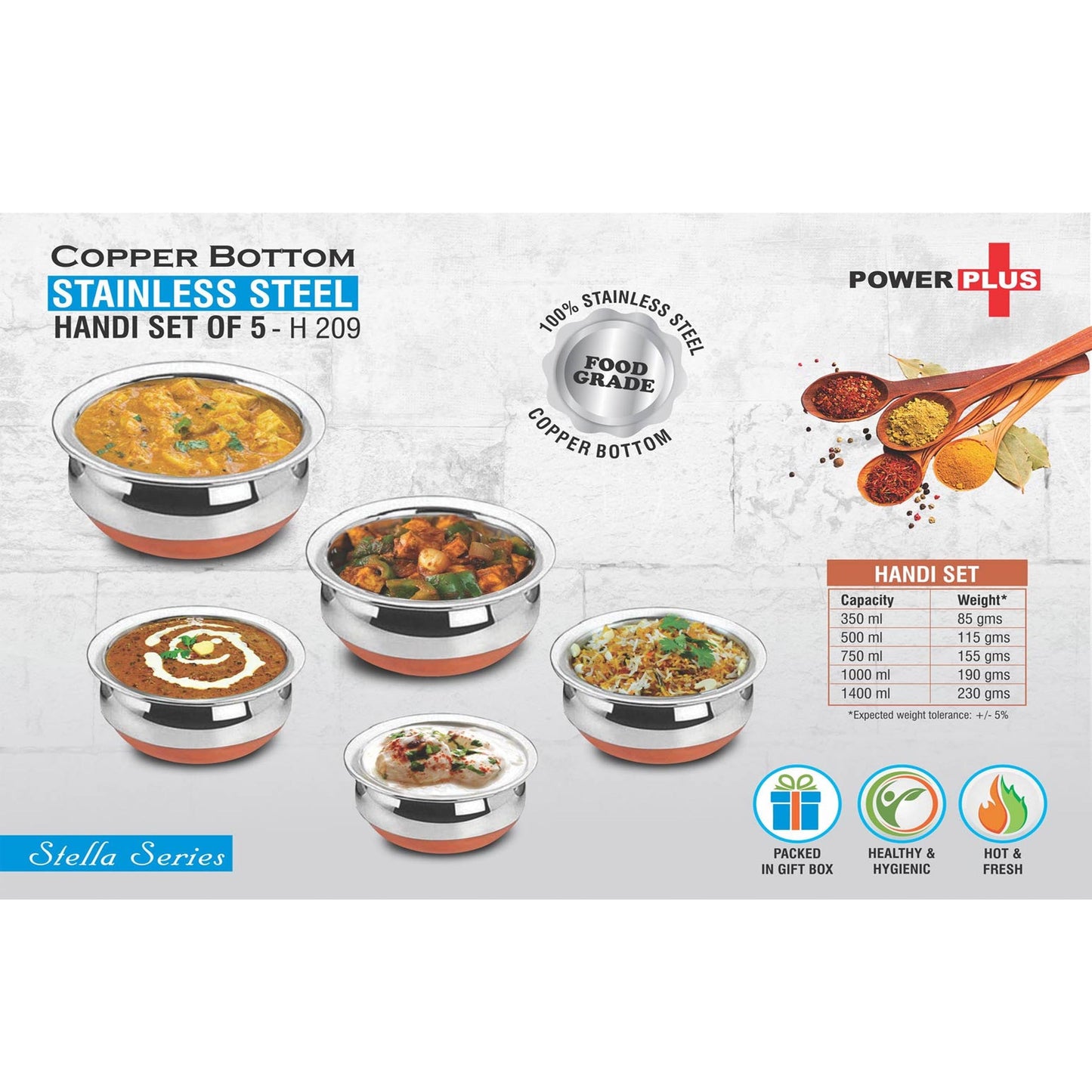 Copper bottom Stainless steel Handi set of 5 | Size 7" to 11" -  H 209