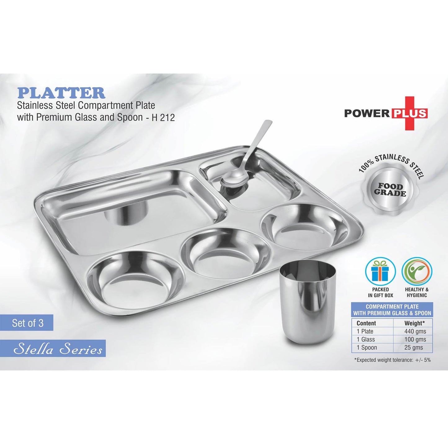 Platter: Stainless Steel Compartment plate with Premium glass and spoon | Set of 3 -  H 212