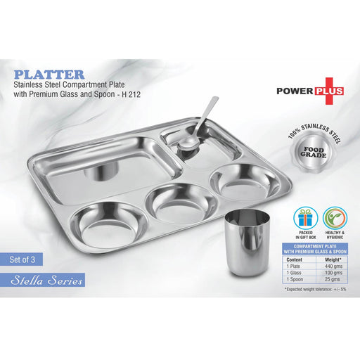 Platter: Stainless Steel Compartment plate with Premium glass and spoon | Set of 3 -  H 212