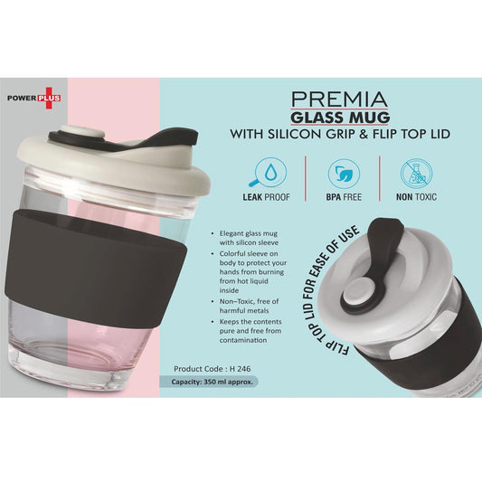 Premia: Glass mug with Silicon grip & Flip Top lid | Capacity: 350 ml -  H 246
