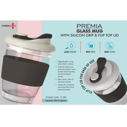 Premia: Glass mug with Silicon grip & Flip Top lid | Capacity: 350 ml -  H 246