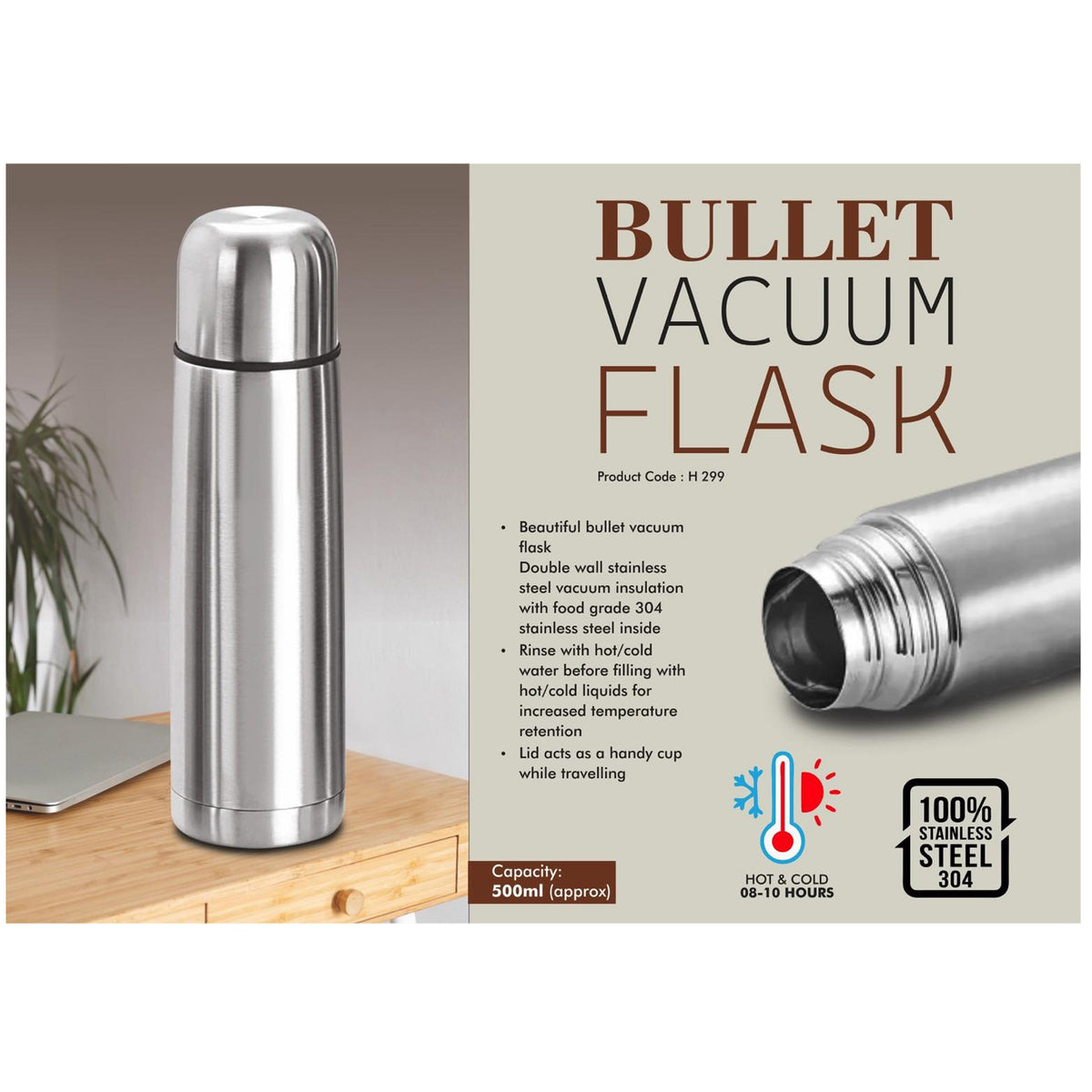 Power Plus - Bullet Vacuum Flask with Cap - H 299