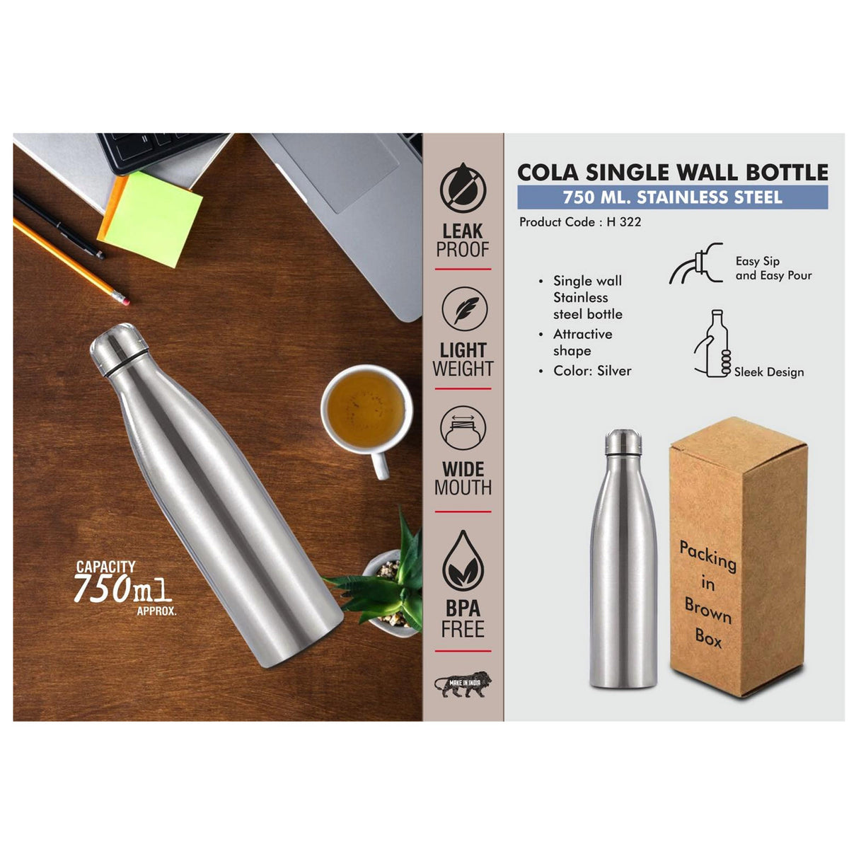Power Plus - Cola Single Wall Bottle 750 ml, Steel - H 322