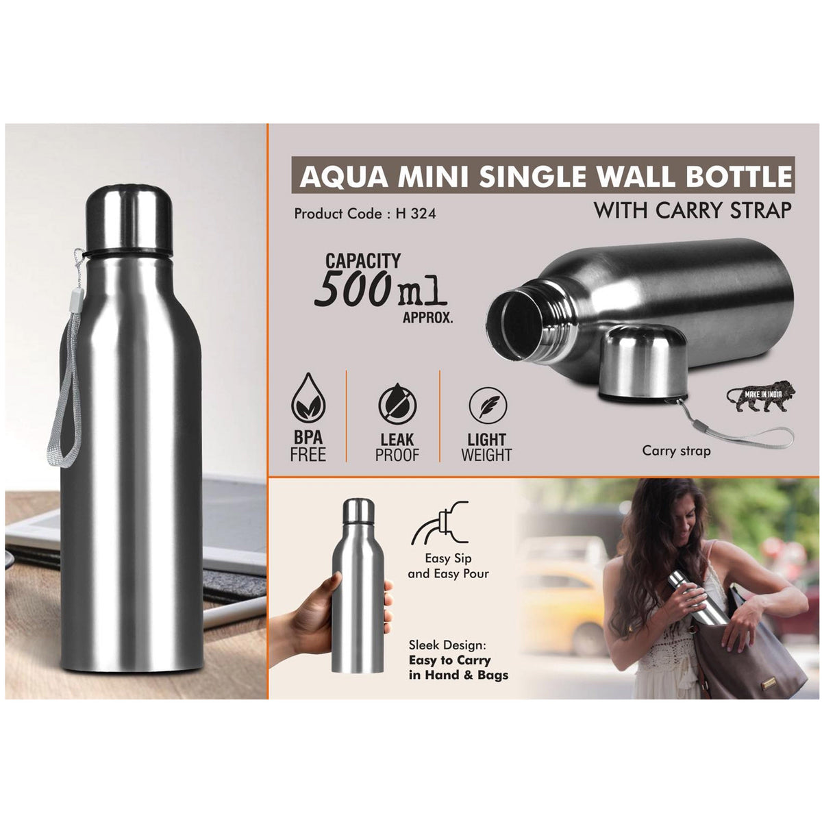 Power Plus - Aqua Mini Single Wall Bottle with Carry Strap - H 324