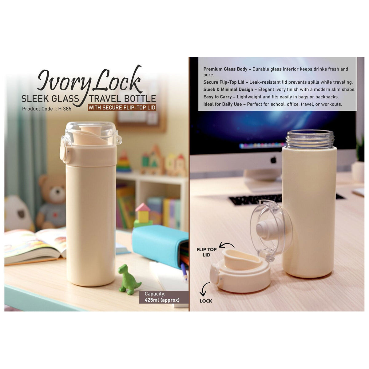 Power Plus - Ivory Lock Sleek Glass Travel Bottle - H 385