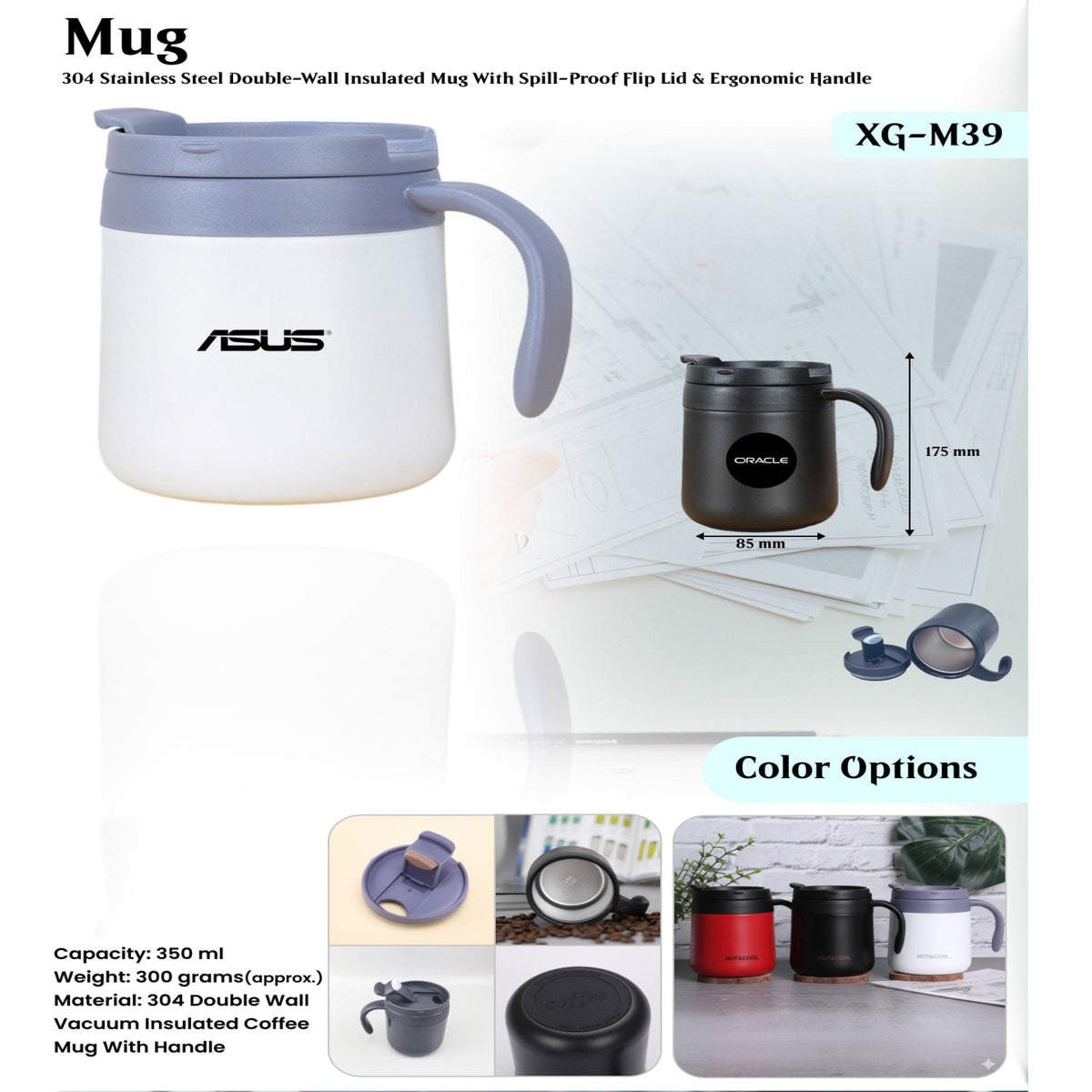 Stainless Steel Double Wall Mug with Flip Lid and Ergonomic Handle - XG - M39