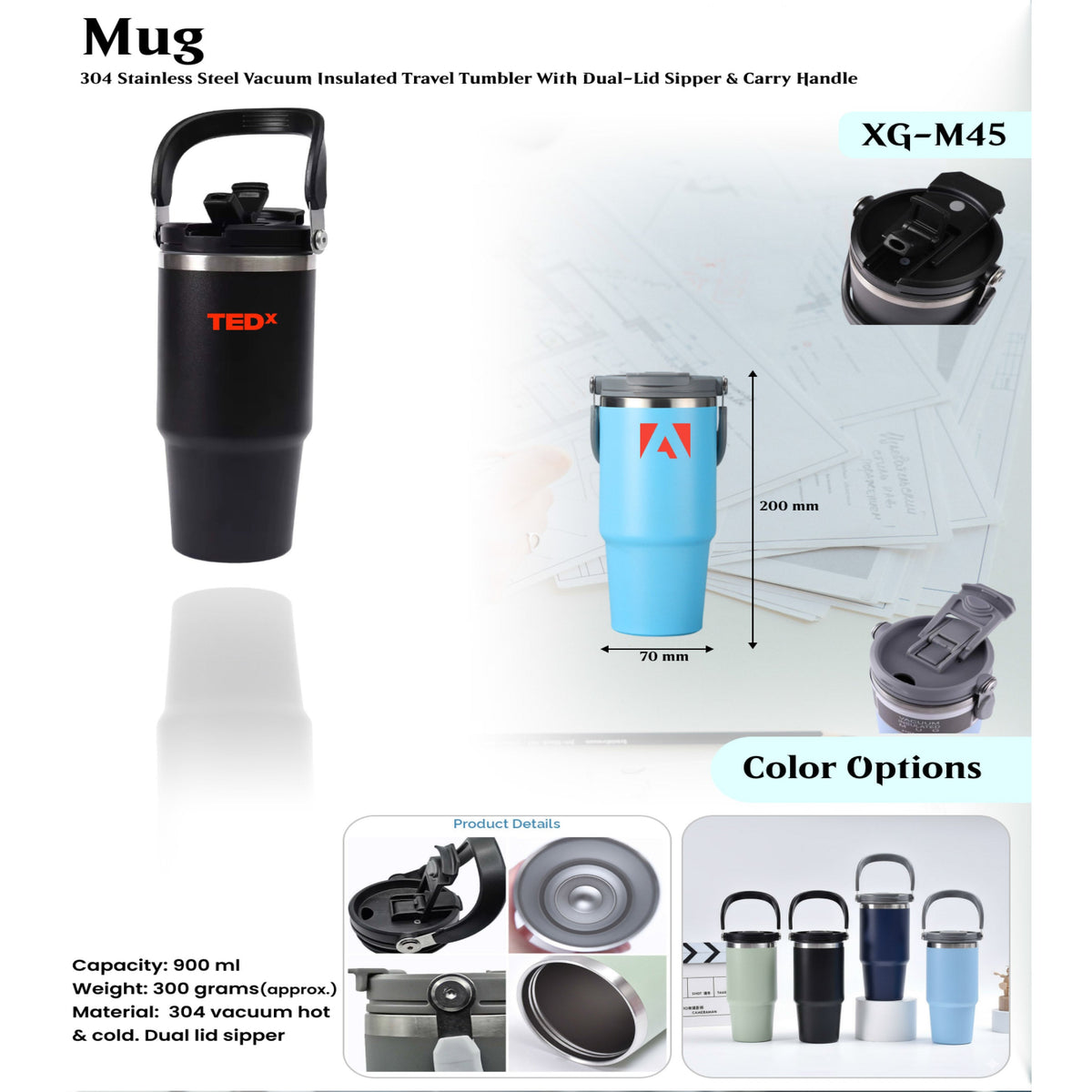 Travel Tumbler with Dual-Lid Sipper and Carry Handle - XG - M45