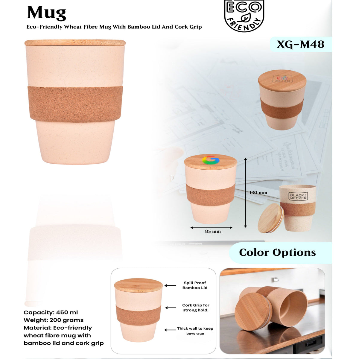 Eco-Friendly Wheat Fibre Mug with Bamboo Lid and Cork Grip - XG - M48