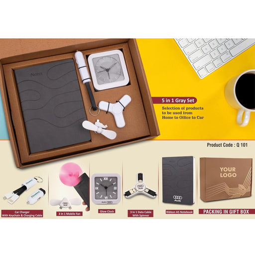 5 in 1 Gray set: Mobile Fan, Keychain with Car charger and cable, Spinner with Charging cable, Glow Clock and A5 PU notebook in Kraft Gift Box - Q 101