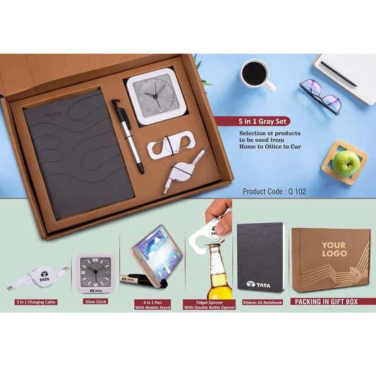 5 in 1 Gray set: Expandable Data cable, Spinner with bottle opener, 4 in 1 pen, Glow Clock and A5 PU notebook in Kraft Gift Box - Q 102