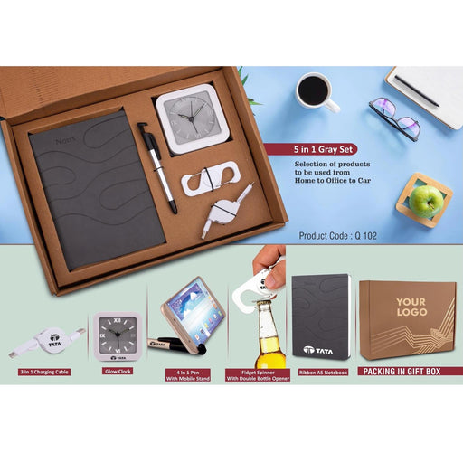 5 in 1 Gray set: Expandable Data cable, Spinner with bottle opener, 4 in 1 pen, Glow Clock and A5 PU notebook in Kraft Gift Box - Q 102