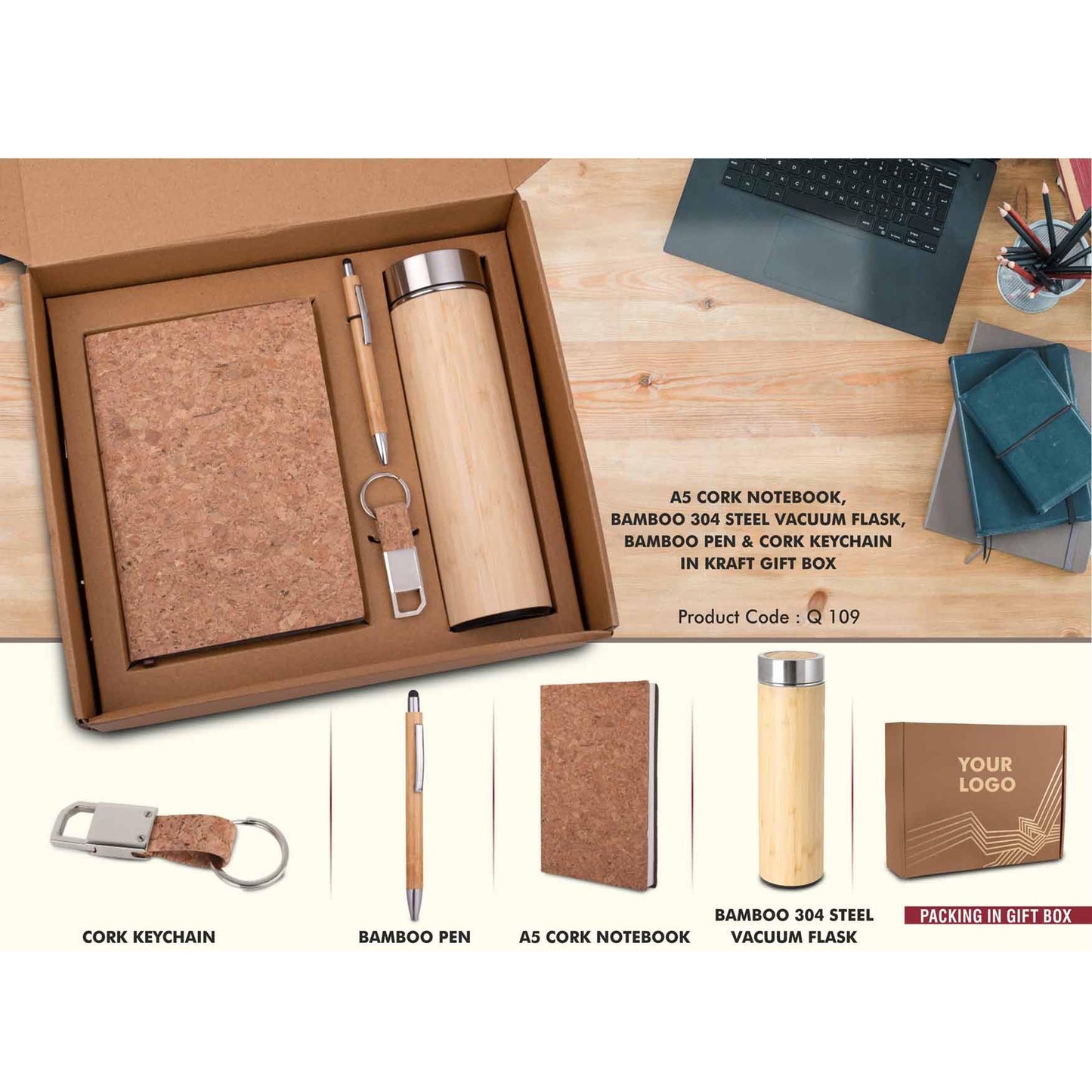 EcoSet 3: Set of A5 Cork notebook, Bamboo 304 Steel Vacuum Flask, Bamboo Pen & Cork Keychain in Kraft Gift Box - Q 109