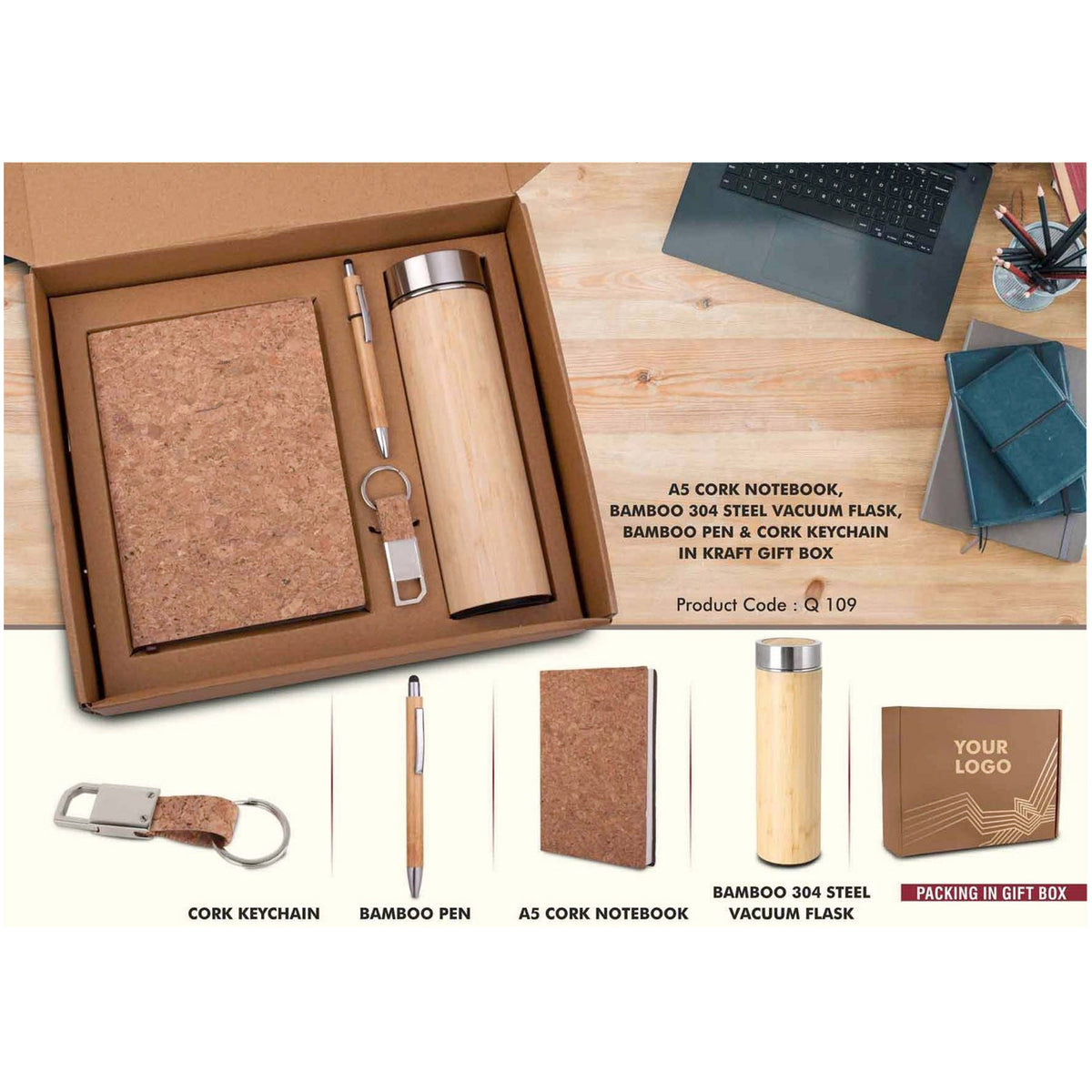 Power Plus - Set of 3: A5 Cork Notebook and Bamboo Steel Vacuum Flask - Q 109A