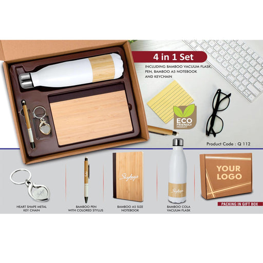 4 in 1 Bamboo set: Keychain, Bamboo vacuum flask, Bamboo pen and A5 bamboo cover notebook in Kraft Gift Box - Q 112