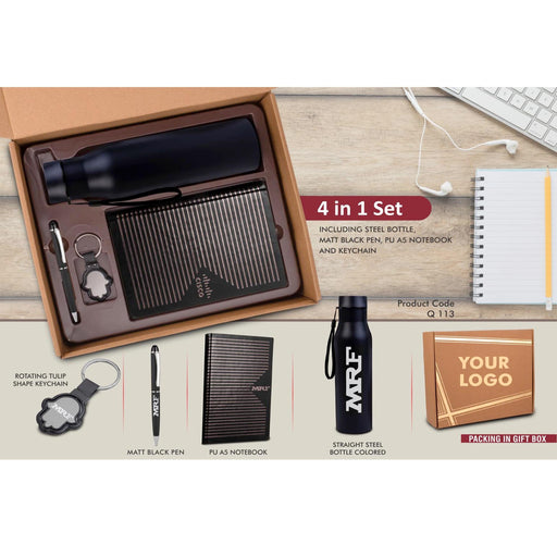 4 in 1 Black set: Tulip shape Keychain, SS Bottle, Metal Pen and A5 PU notebook in Kraft Gift Box - Q 113