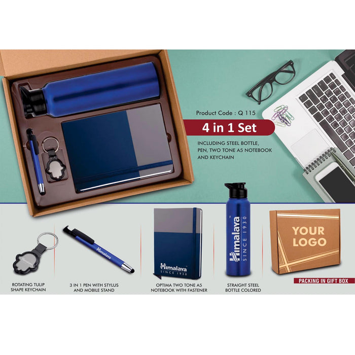 4 in 1 Dual Tone set: Tulip shape Keychain, SS colored bottle, Multifunction Pen and A5 PU notebook in Kraft Gift Box - Q 115