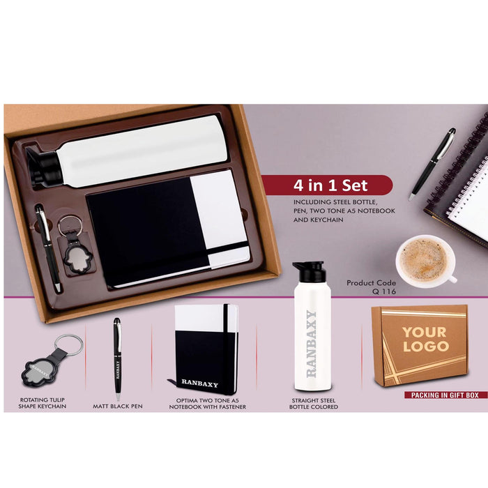 4 in 1 Dual Tone set: Tulip shape Keychain, SS colored bottle, Metal Pen and A5 PU notebook in Kraft Gift Box - Q 116