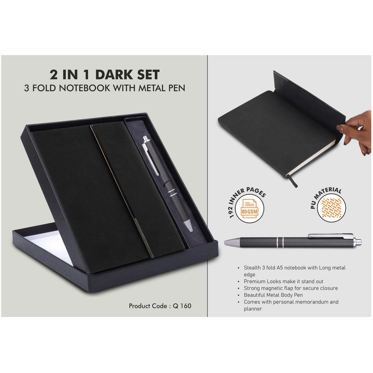 Power Plus - 2 in 1 Dark Set: 3 Fold Notebook with Metal Pen - Q 160