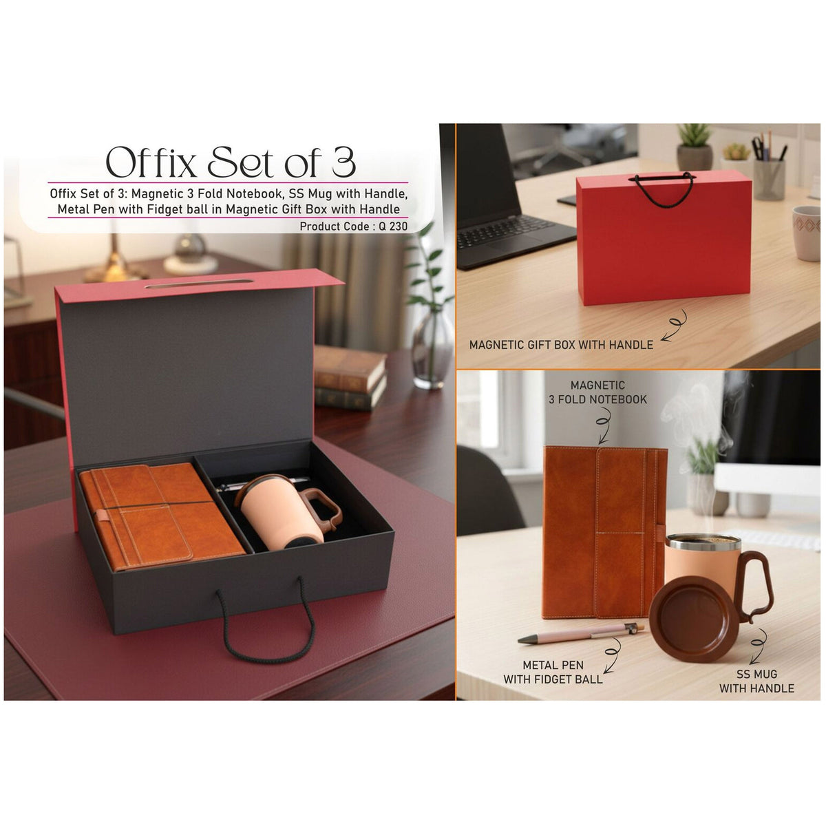 Power Plus - Offix Set of 3: Magnetic 3 Fold Notebook, Metal Pen, SS Mug - Q 230
