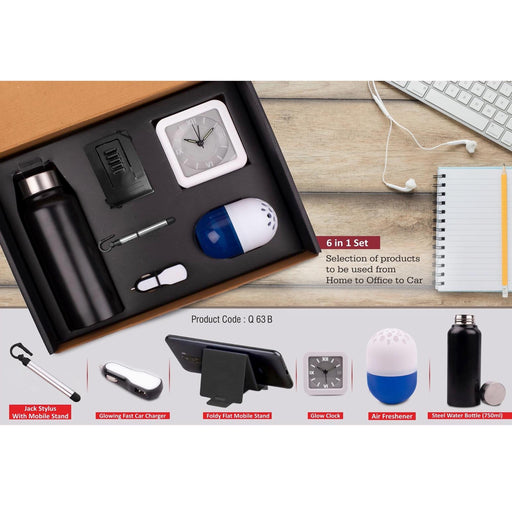 6 in 1 set: Steel Water bottle (750ml), Adjustable mobile stand, Jack Stylus with Mobile stand, Glowing Fast Car charger, Glow Clock, Air - Q 63B