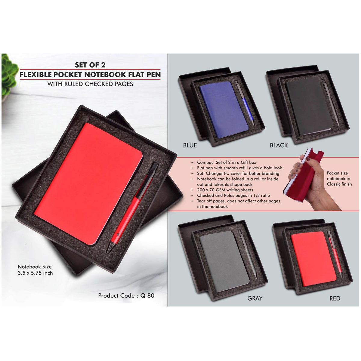 Power Plus - Set of 2 Flexible Pocket Notebook and Flat Pen - Q 80