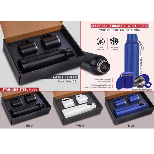 Set of Candy Insulated Steel Bottle with 2 Stainless Steel cups in Gift box | Keeps hot/cold upto 6 hours | Exclusive blister packing- Q 81