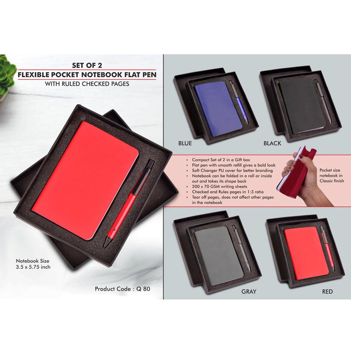 Set of 2: Flexible Pocket A6 Notebook with Ruled & Checked pages with Flat Pen - Q 80