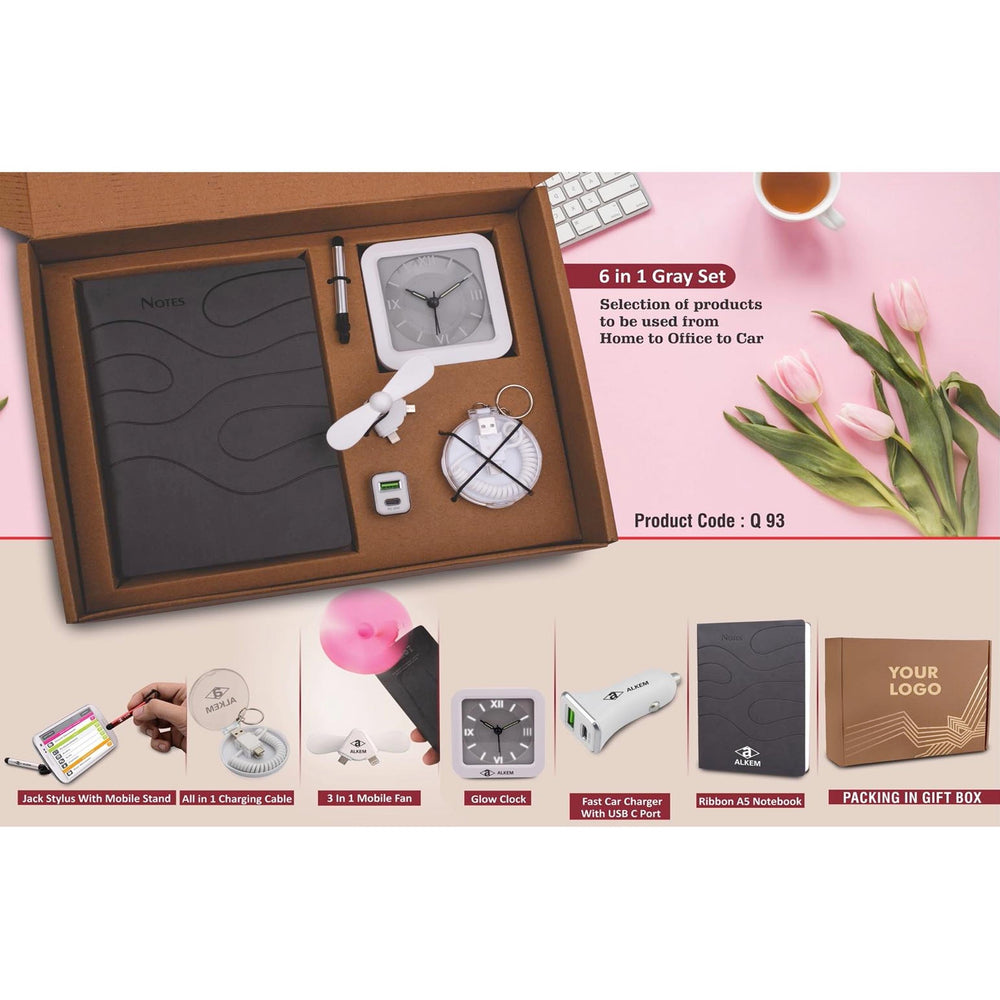 6 in 1 Gray set: Mobile Fan, All in 1 Cable with Keychain, Fast Dual USB Car charger, Jack stylus with phone stand, Glow Clock and A5 PU notebook - Q 93