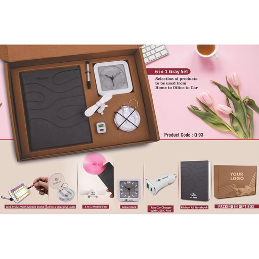6 in 1 Gray set: Mobile Fan, All in 1 Cable with Keychain, Fast Dual USB Car charger, Jack stylus with phone stand, Glow Clock and A5 PU notebook - Q 93