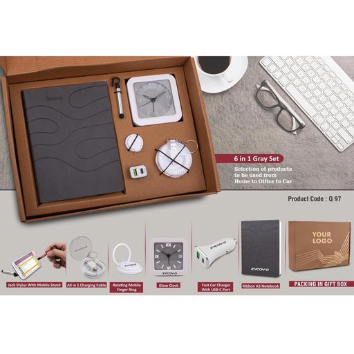 6 in 1 Gray set: Mobile Finger ring, All in 1 Cable with Keychain, Fast Dual USB Car charger, Jack stylus with phone stand, Glow Clock and A5 PU - Q 97