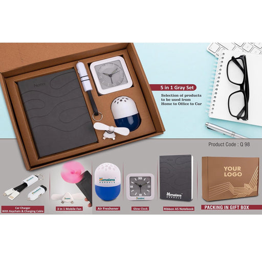 5 in 1 Gray set: Mobile Fan, Keychain with Car charger and cable, Air Freshener (100 gm), Glow Clock and A5 PU notebook in Kraft Gift Box - Q 98