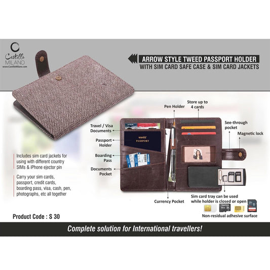 Arrow style Tweed Passport holder with Sim Card Safe Case & Sim Card Jackets  - S 30