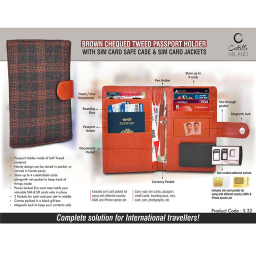 Brown Chequed Tweed Passport holder with Sim Card Safe Case & Sim Card Jackets - S 32