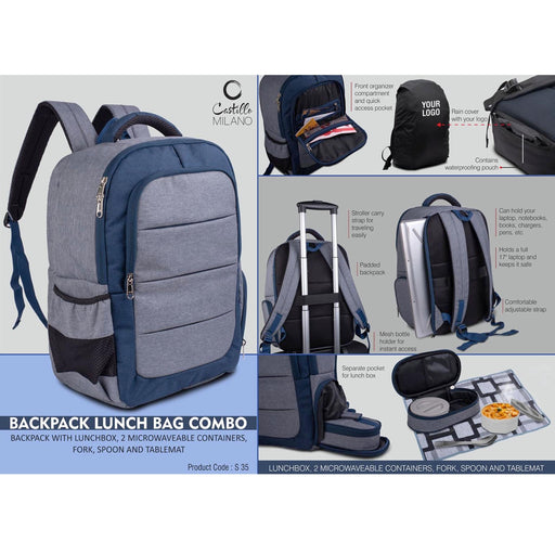 Backpack Lunch bag kit combo : Backpack with Lunchbox, 2 microwaveable containers, Fork, spoon and tablemat- S 35
