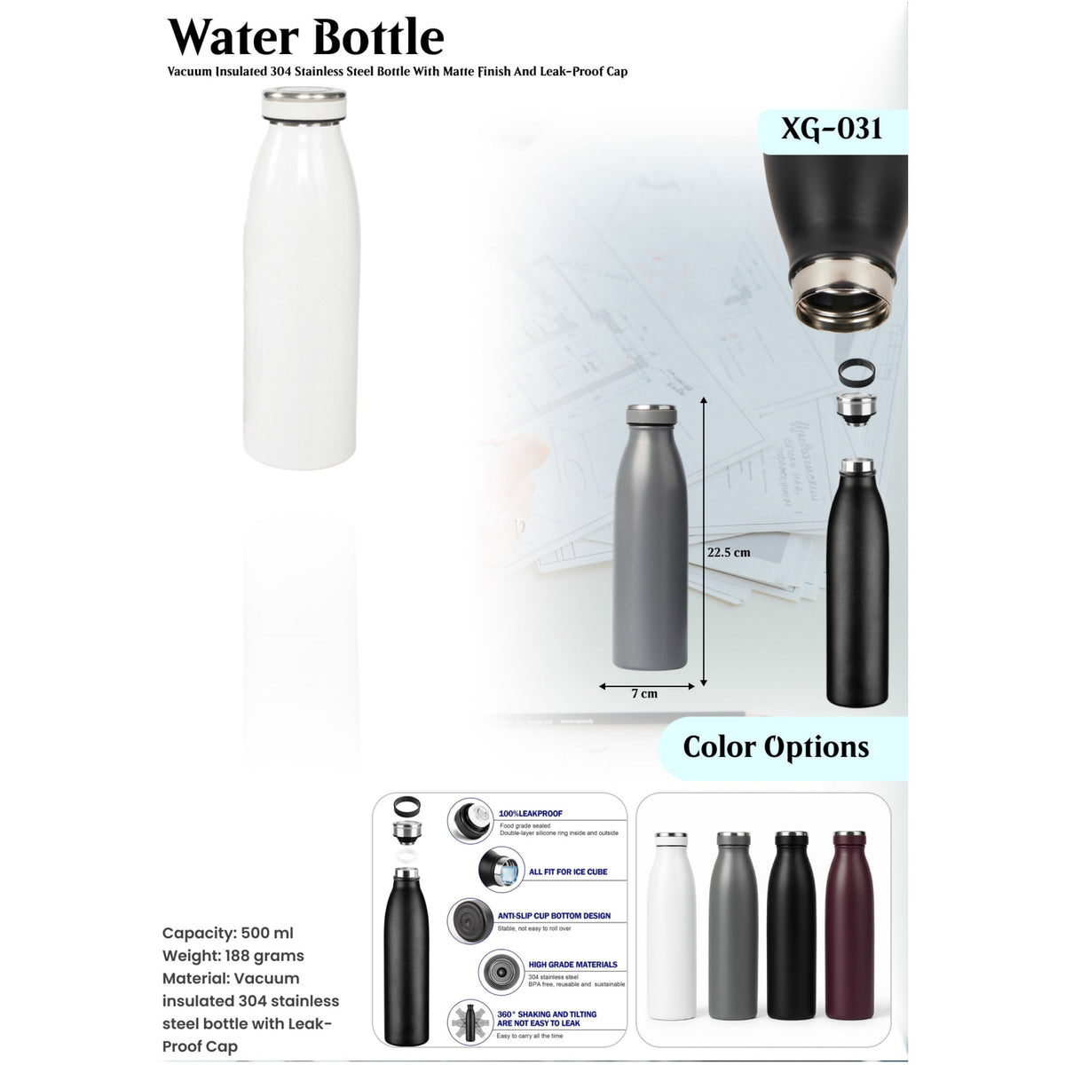 Vacuum Insulated Steel Bottle with Matte Finish and Leak-Proof Cap - XG - 031