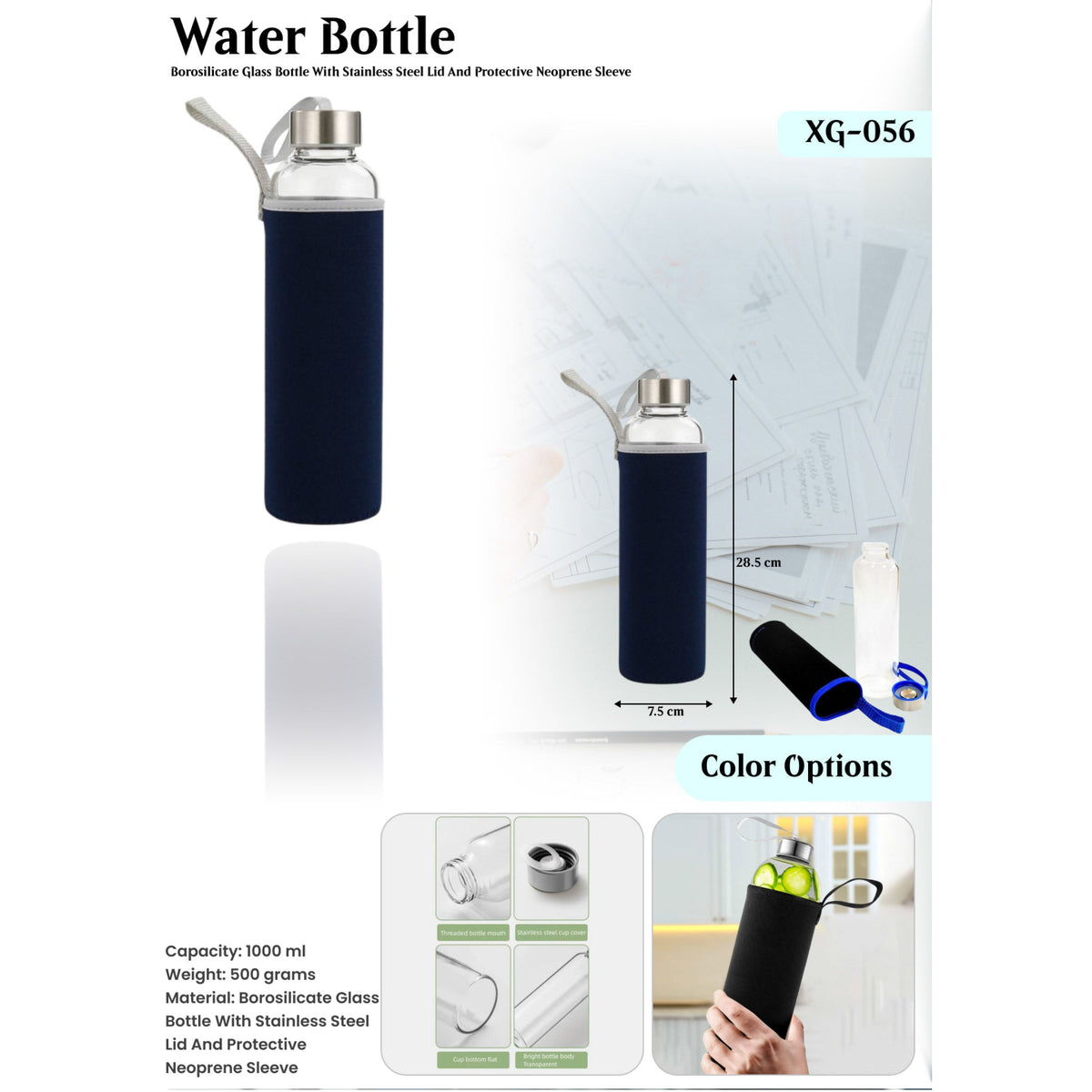 Borosilicate Glass Bottle with Steel Lid and Neoprene Sleeve - XG - 056