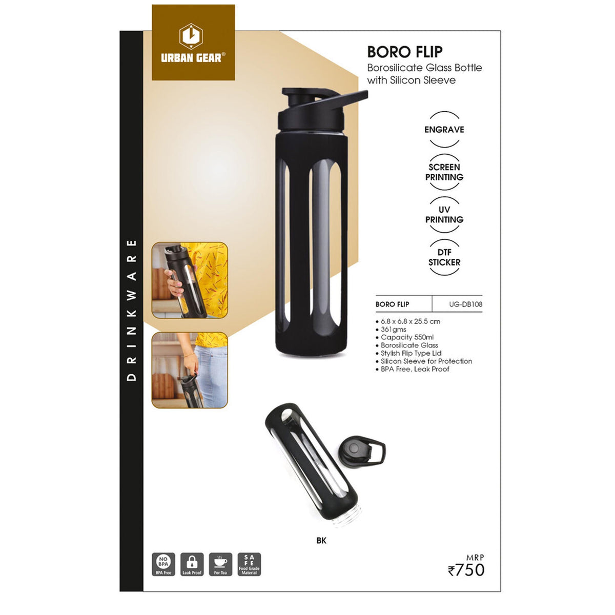 Urban Gear - Boro Flip Borosilicate Bottle with Silicone Sleeve 550ml UG-DB108