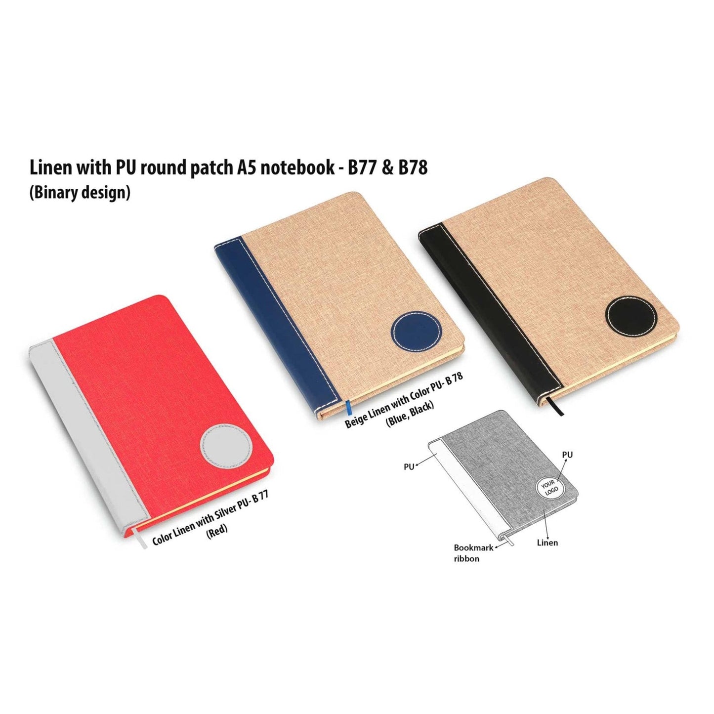 Colored Linen With PU Round Patch A5 Notebook Binary Design - B 77
