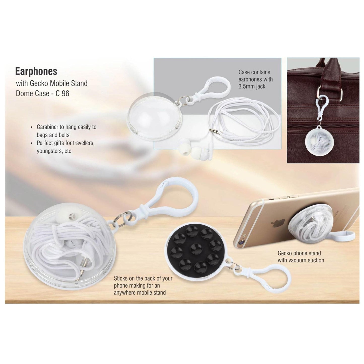 Earphones With Gecko Mobile Stand Dome Case - C 96