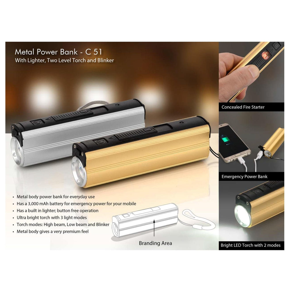 Metal Power Bank With Lighter, Two Level Torch And Blinker - C 51